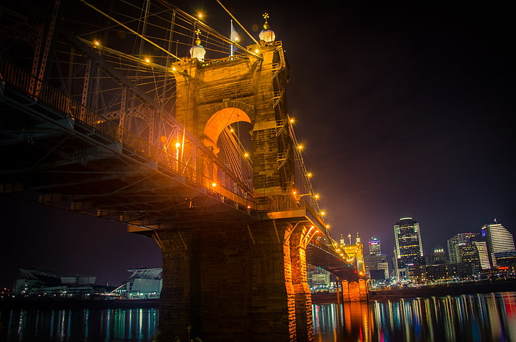 bridge, night, Roebling Bridge, reflection, lights, building