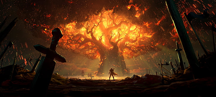 silhouette of swords near on burning tree illustration, World of Warcraft: Battle for Azeroth
