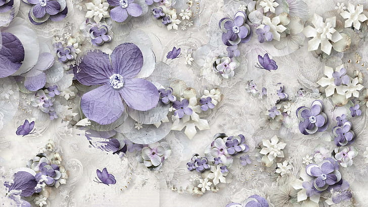 Purple Paper Flowers, diamonds, white, purple butterflies, lavender, HD wallpaper