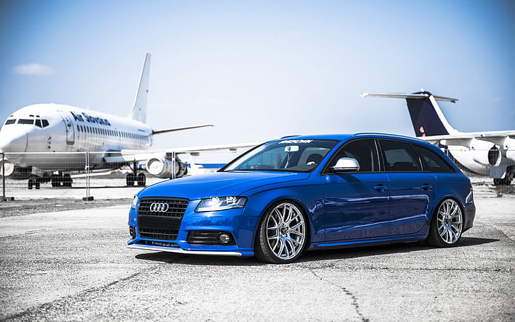 Audi A4 blue car, airport, aircraft, HD wallpaper