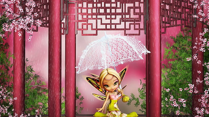Staying Dry, firefox persona, fairy, pagoda, pixie, cherry blossoms, HD wallpaper