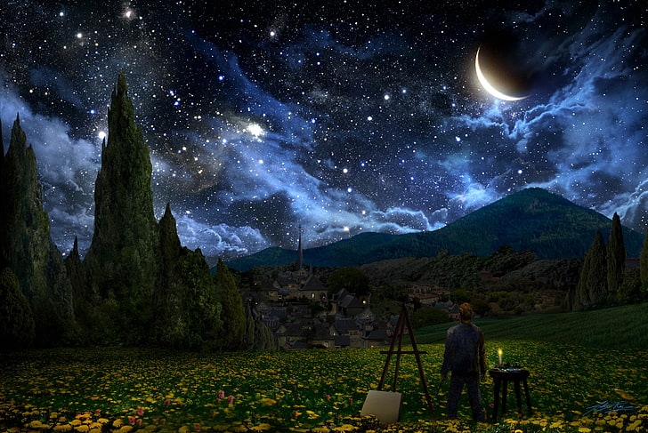 green trees, Vincent van Gogh, The Starry Night, crescent moon, HD wallpaper