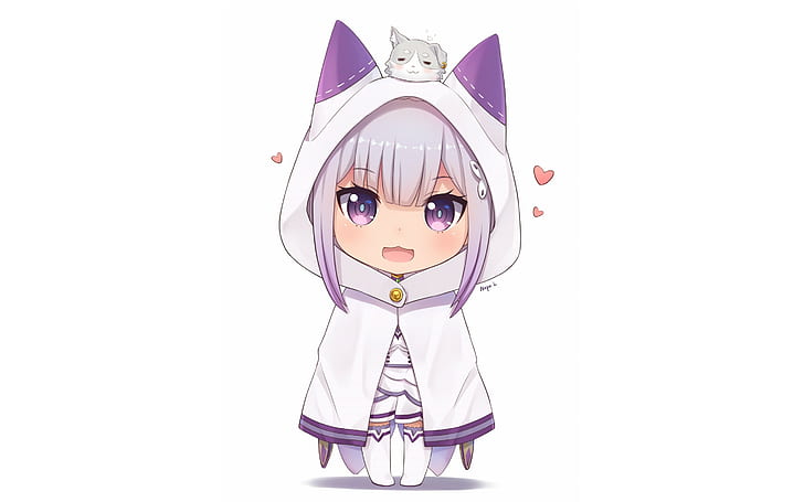 white background, cape, chibi, dress, Emilia (Re: Zero), grey hair