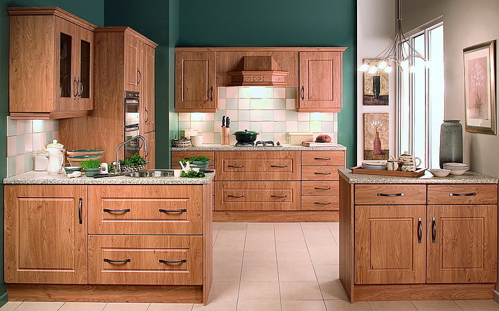 brown wooden kitchen cabinet set, design, house, style, room, HD wallpaper