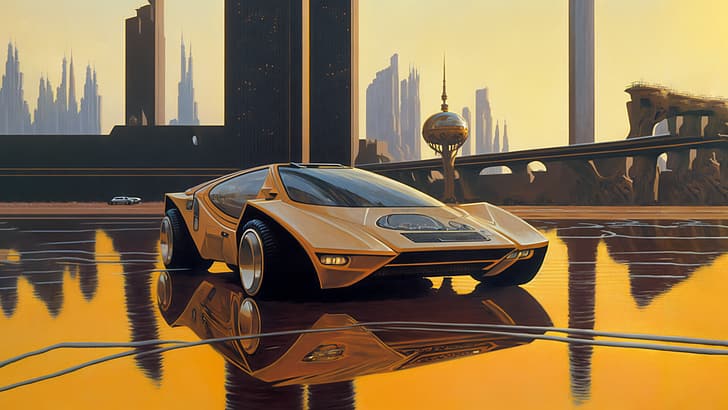 AI art, Syd Mead, concept art, retro science fiction, sports car, HD wallpaper