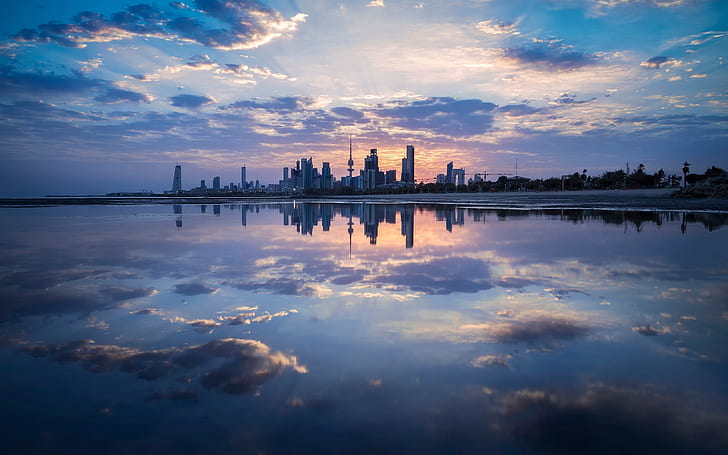 Dusk, Kuwait City, buildings, sea, clouds, city skyline