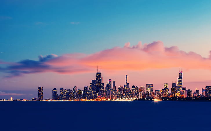 USA, Illinois, Chicago, Lake Michigan, buildings, evening, sky, clouds, HD wallpaper