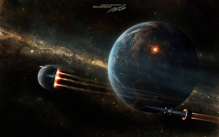 planet and ship painting, space, space art, science fiction, Taenaron, HD wallpaper
