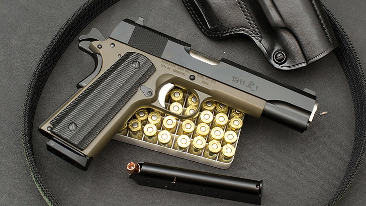 brown and black semi-automatic pistol, gun, 1911, Remington, handgun, HD wallpaper