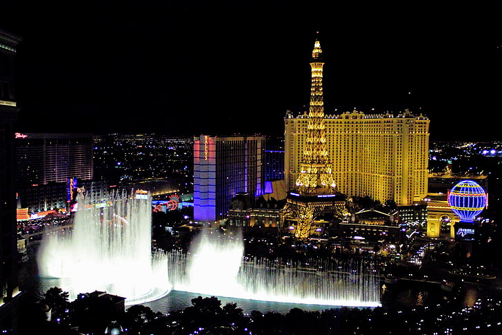 Paris Las Vegas Hotel & Casino, light, night, lake, USA, the hotel