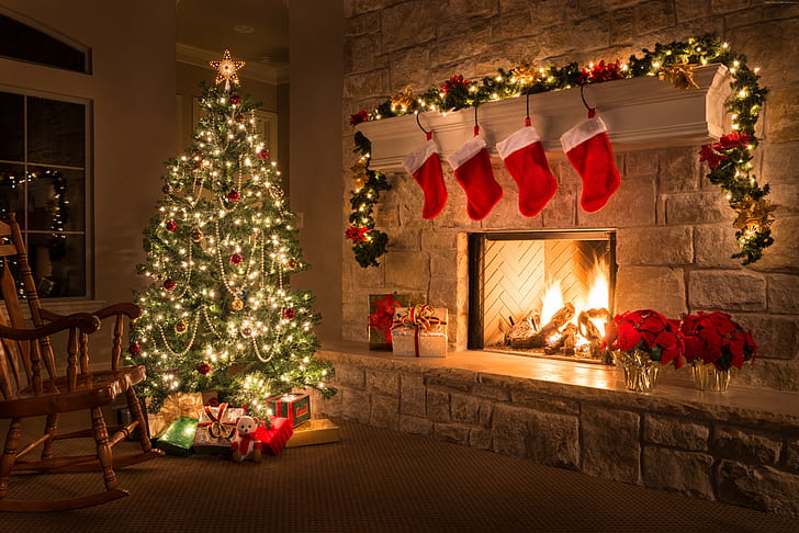 fireplace, gifts, 5K, decorations, fir-tree, Christmas, New Year