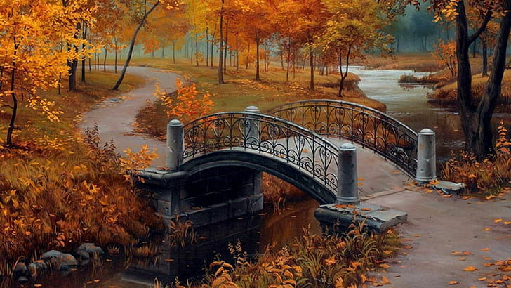 nature, painting, autumn, leaf, bridge, tree, creek, landscape, HD wallpaper
