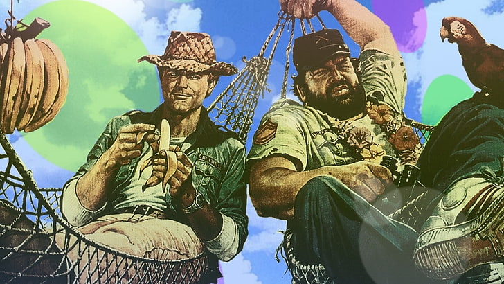 painting of two men on hammocks, movies, Terence Hill, Bud Spencer