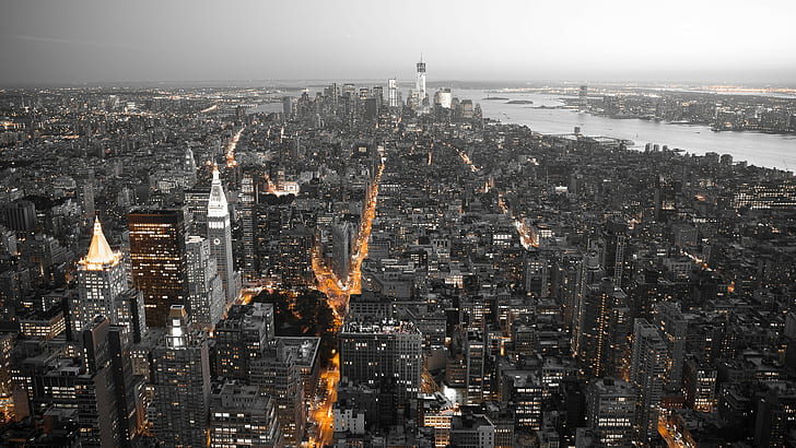 black, cityscape, orange, New York City, white, HD wallpaper