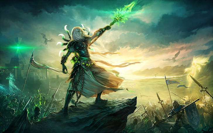 warrior wielding green spear digital artwork, fantasy art, video games, HD wallpaper