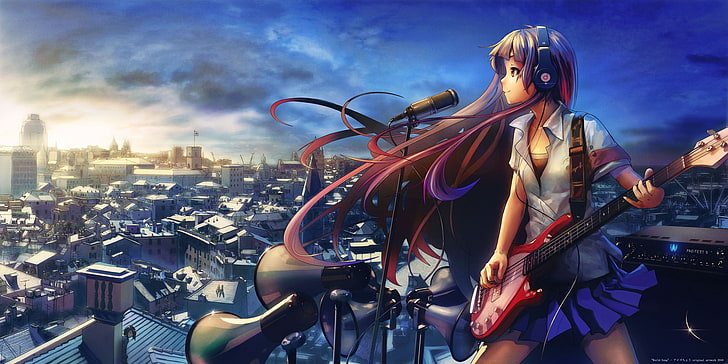 anime woman playing guitar on the rooftop wallpaper, black haired female anime character holding a white and red electric guitar