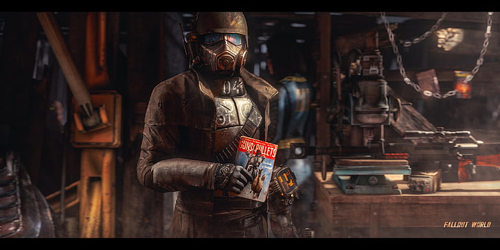 man wearing mask holding box illustration, helmet, fallout, new vegas, HD wallpaper