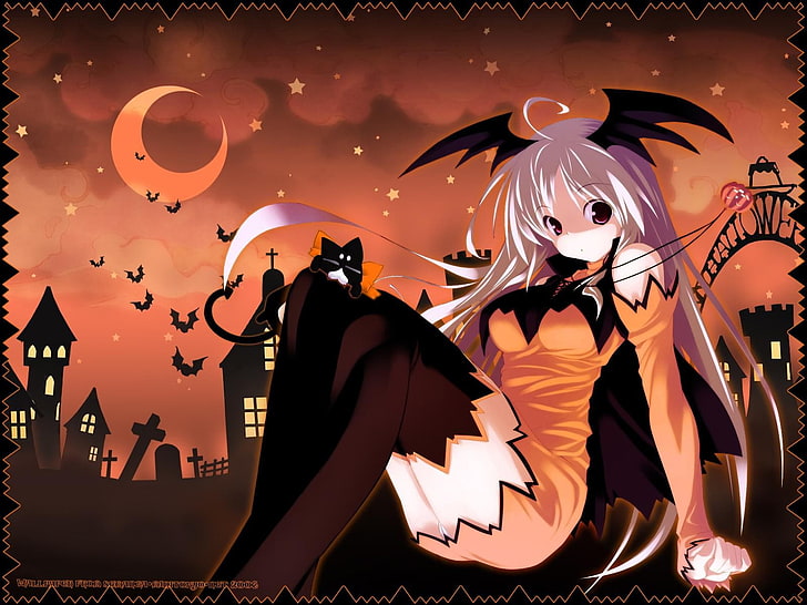 anime girls, Halloween, original characters, celebration, event, HD wallpaper