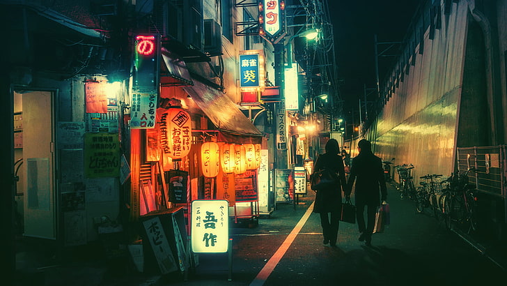women's black coat, Tokyo, backstreet, lantern, Japanese, bicycle