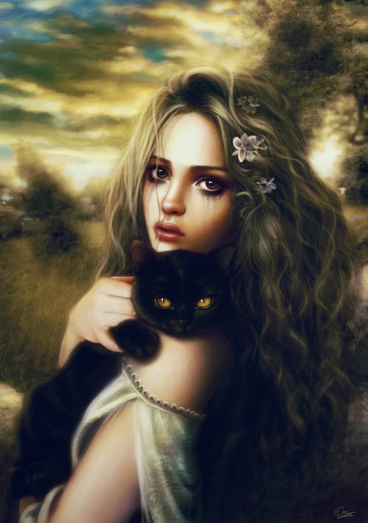 2D, Beautiful, cat, fantasy, girl, portrait, Realism, witch, HD wallpaper