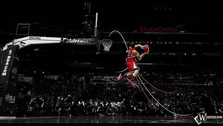red basketball, NBA, selective coloring, jumping, sport, full length