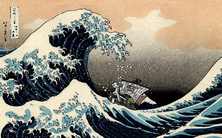 One Piece, waves, Monkey D. Luffy, The Great Wave off Kanagawa, HD wallpaper