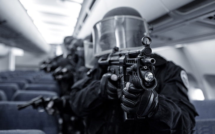 black assault rifle, police, gun, closeup, airplane, transportation, HD wallpaper