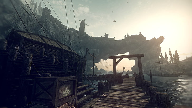 brown wooden dock, The Elder Scrolls V: Skyrim, video games, architecture, HD wallpaper