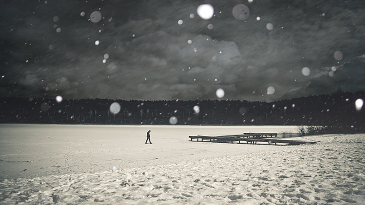 seashore view, man walking on snow covered field, men, monochrome