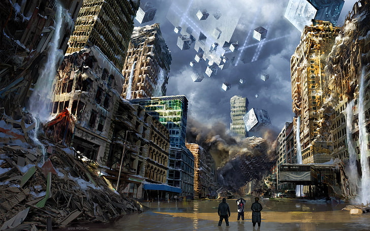 city buildings art, CGI, artwork, apocalyptic, science fiction