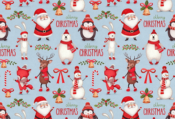 Santa Claus and snowman clip arts, hare, deer, bear, Fox, penguin, HD wallpaper