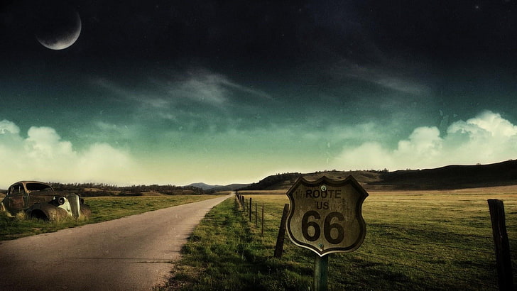 route 66, road, moon, night, sky, nature, cloud, grassland, HD wallpaper
