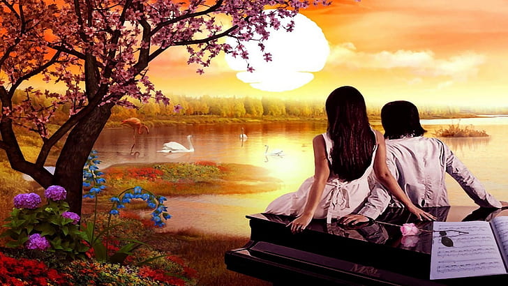 HD wallpaper: lovers, friendship, lake, sunset, romance, spring, romantic  scenery | Wallpaper Flare