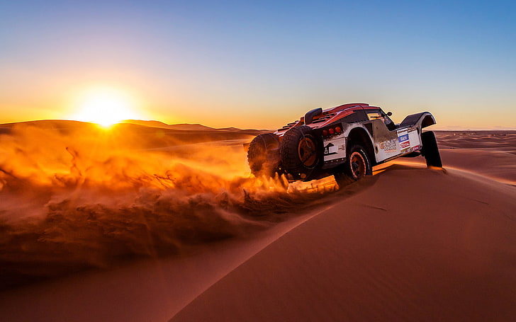 Sunset Over Buggy In Dakar Rally, white sports car, Auto Racing