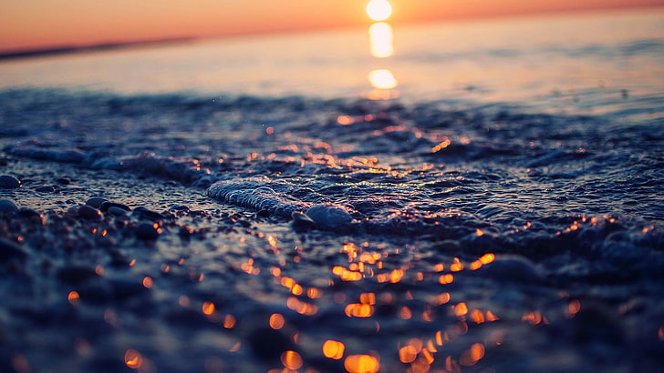 sea waves, water, sunset, selective focus, sky, nature, no people, HD wallpaper