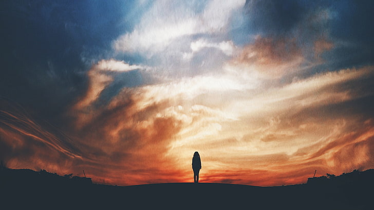 Lost, Girl, Alone, Sunset, 4K, Silhouette, HD wallpaper