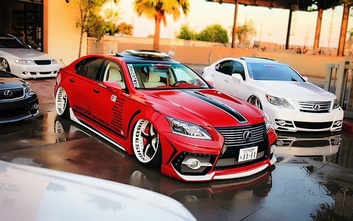 Lexus LS Car, red sedan, Tuning, stance, HD wallpaper