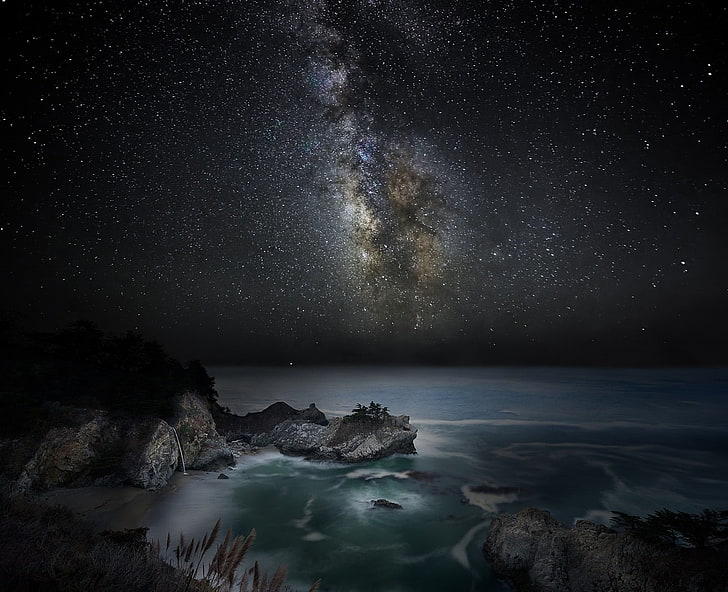 landscape photography of star, nature, waterfall, beach, sea