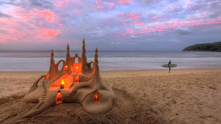 the castle of sand, land, sea, beach, water, sky, scenics - nature, HD wallpaper