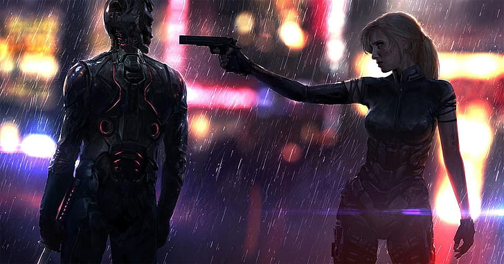 Girl, The city, The game, Neon, Rain, Weapons, Art, Cyborg