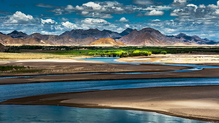 body of water, china, tibet, mountains, oasis, river, vegetation, HD wallpaper