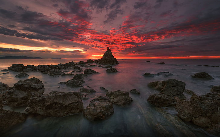 HD wallpaper: Sunset Red Cloud Sea Coast Rock Band Ocean Horizon ...