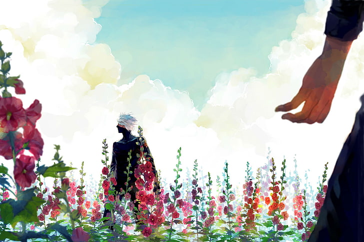 clouds, flowers, hair, hatake, iruka, kakashi, lotus, male, HD wallpaper