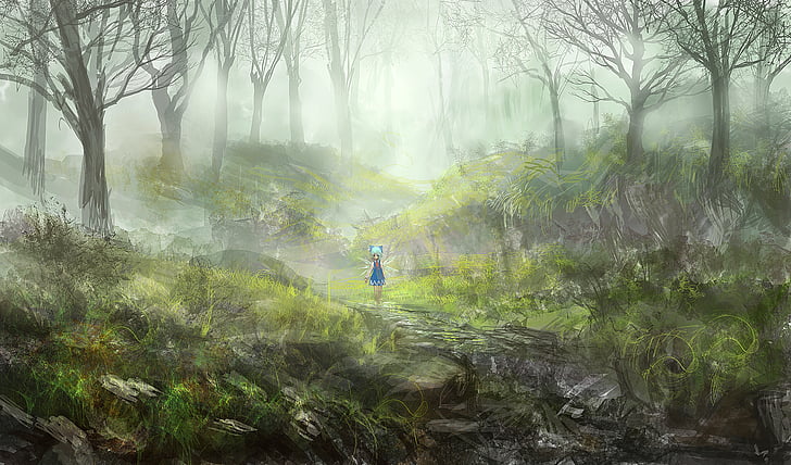 cirno, dress, forest, lm7, op center, scenic, touhou, tree, HD wallpaper