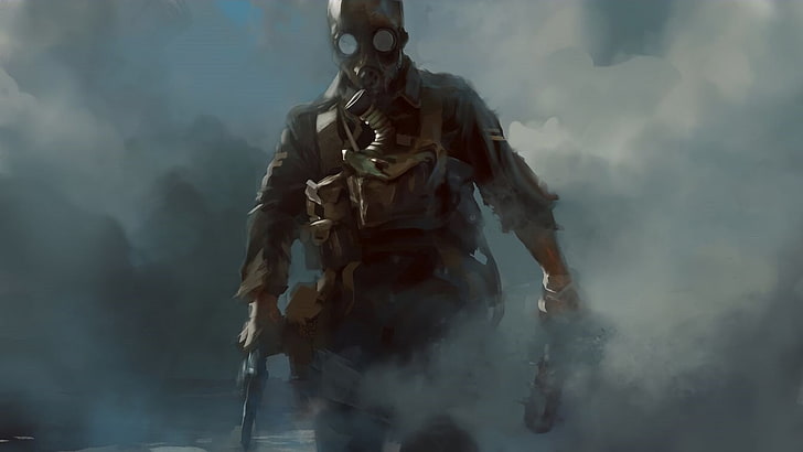 revolver, gas masks, soldier, smoke, video games, Battlefield One