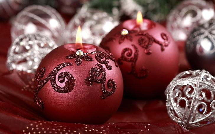 two red and white floral pendants, Christmas, New Year, Christmas ornaments, HD wallpaper