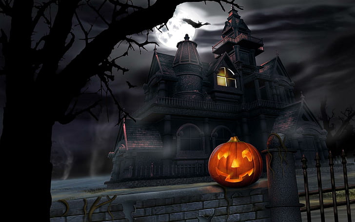 halloween, pumpkin, lantern, house, darkness, gloom, haunted house wallpaper, HD wallpaper