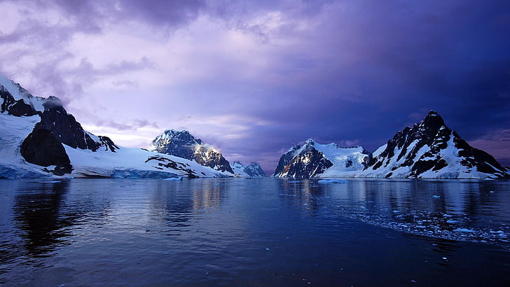 ice, water, nature, purple sky, cold, lake, freezing, mountain range, HD wallpaper
