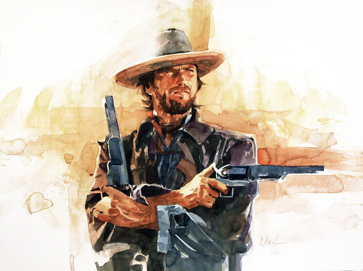 man holding gun sketch, Clint Eastwood, artwork, movies, one person