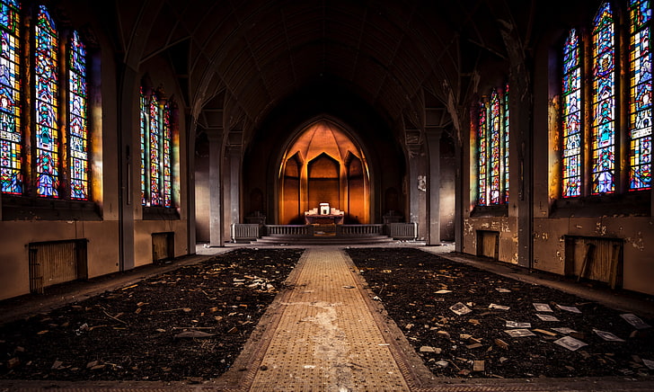 building, abandoned, interior, arch, church, empty, Altar, stained glass, HD wallpaper